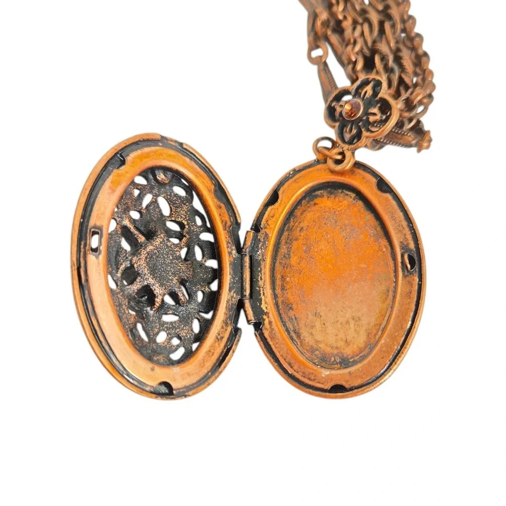 1928 Jewelery Co Copper Rinestone Picture Locket Necklace Victorian NWOT Vintage